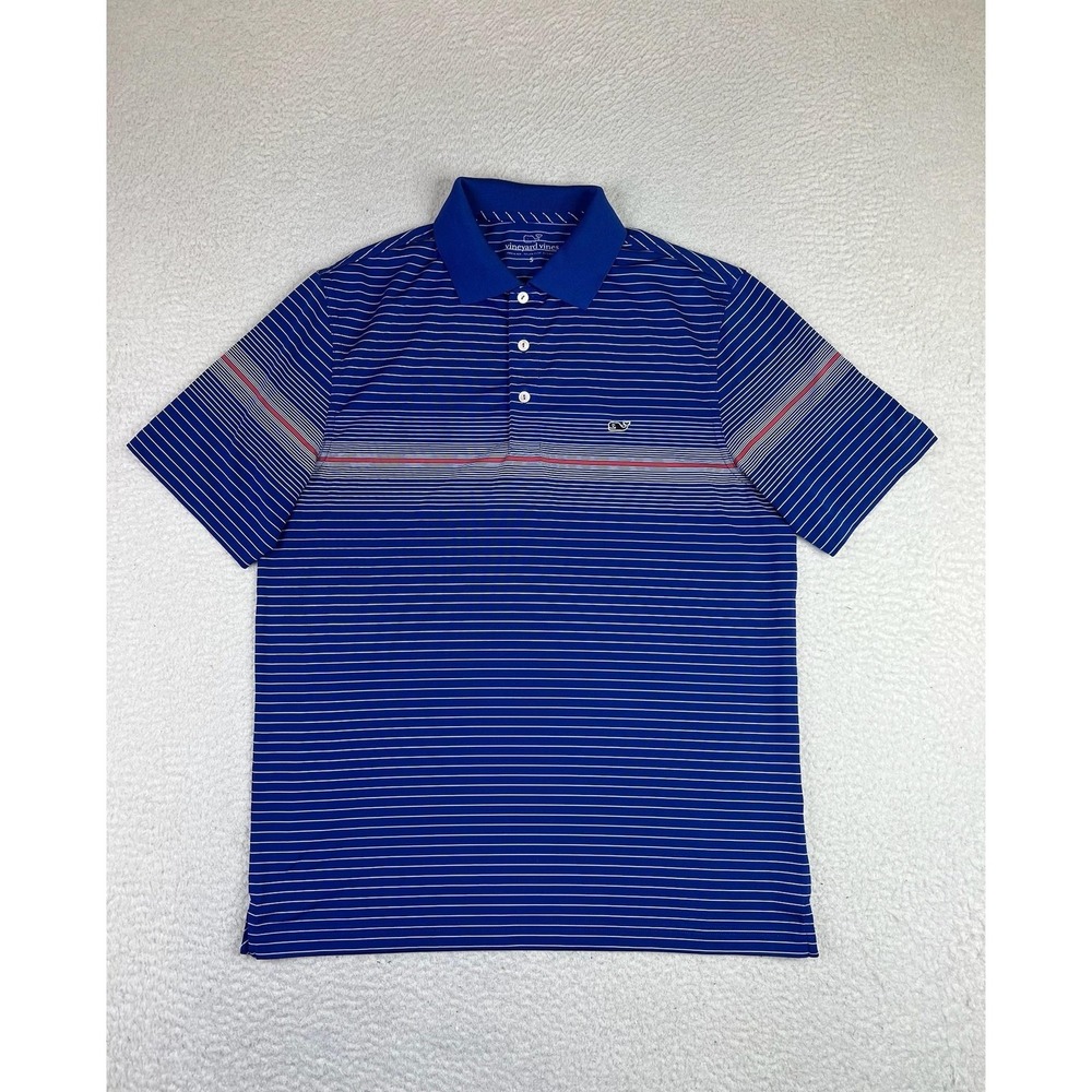 Vineyard Vines Polo Shirt Mens Small Blue Stripe Whale Logo Golf Performance